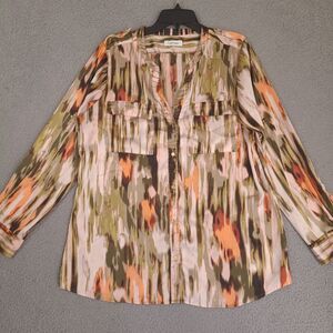 Calvin Klein Blouse Womens Large AbstractButton Up Shirt Long Roll‎ Tab Sleeve